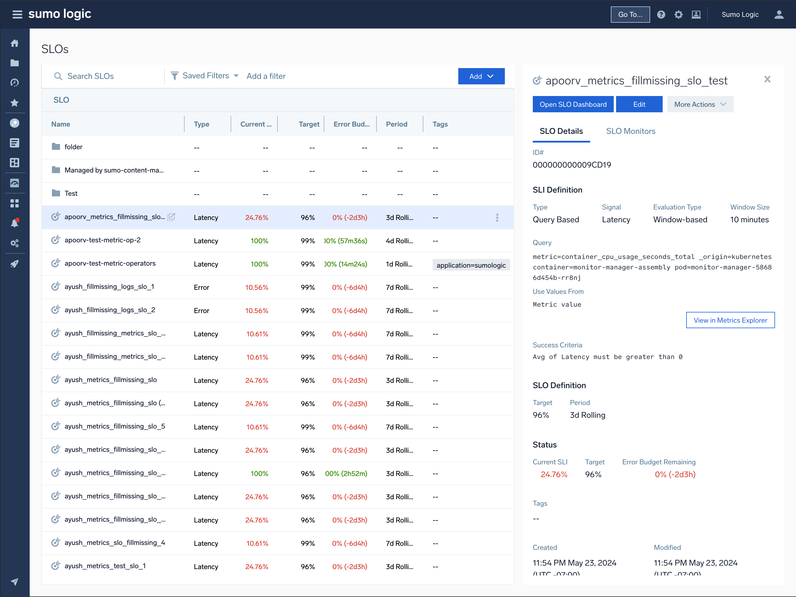 SLO list view with status indicators
